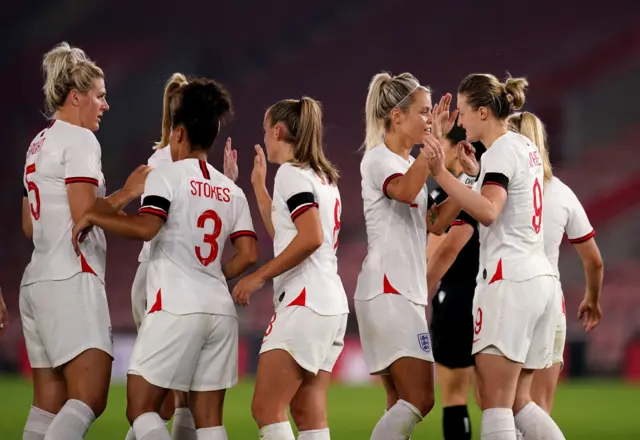 England celebrate one of their first-half goals against North Macedonia