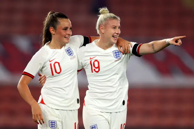 Bethany England of England celebrates with team-mate Ella Toone