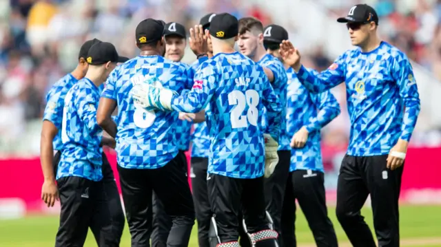 Sussex celebrate a Kent wicket.