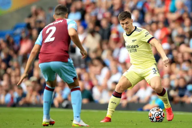 Arsenal's Kieran Tierney runs at Burnley's defence