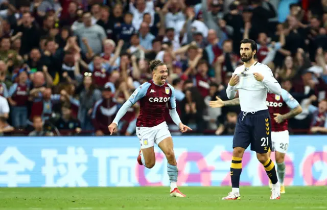 Aston Villa's Matty Cash celebrates his goal against Everton