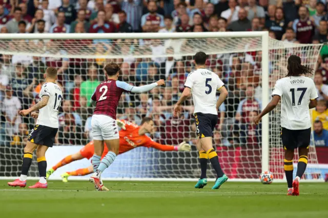 Matty Cash shoots for Aston Villa