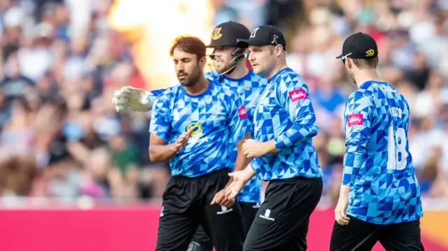 Sussex celebrate a Ravi Bopara wicket.