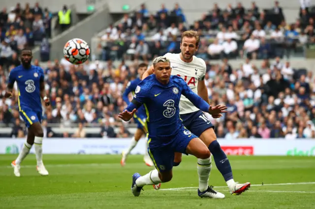 Thiago Silva of Chelsea is challenged by Harry Kane of Tottenham Hotspur during the Premier League match between Tottenham Hotspur and Chelsea