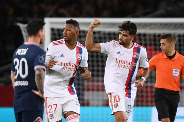 Lucas Paqueta celebrates Lyon's goal against Paris St-Germain.