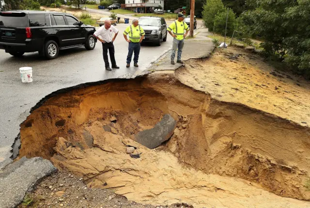 A collapsed section of road in Wareham, Massachussetts