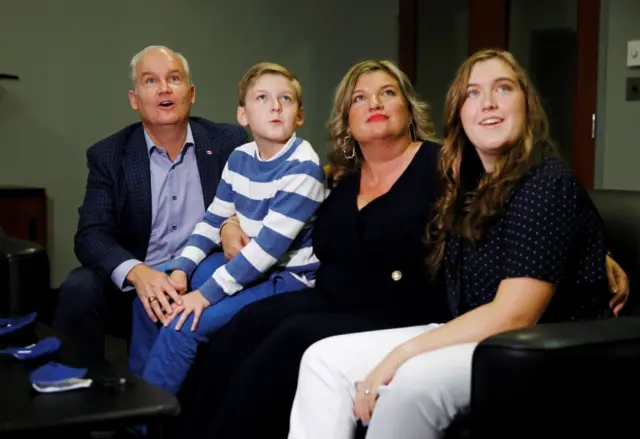 Conservative party leader Erin O"Toole and family watch early election results in Oshawa, Ontario, Canada, September 20, 2021.