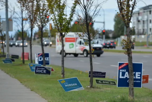 Election signs along Ellerslie Road in Edmonton. On Sunday, September 19, 2021, in Edmonton, Alberta, Canada