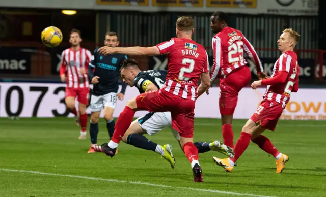 Jordan McGhee tries his luck with a header