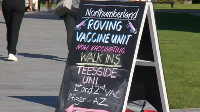 Vaccine unit sign at Teesside University