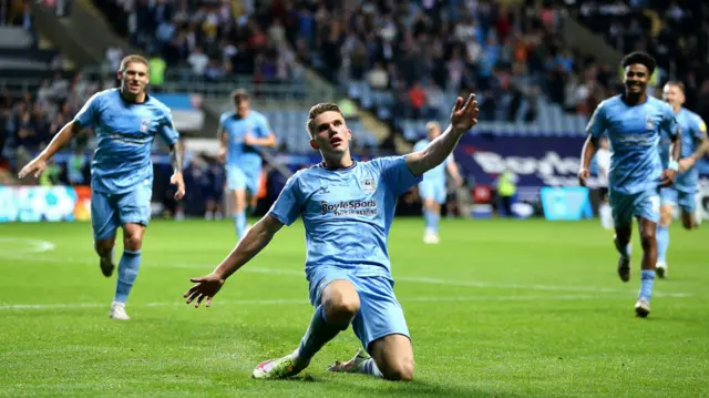 Viktor Gyokeres celebrates one of his two Coventry goals against Peterborough.