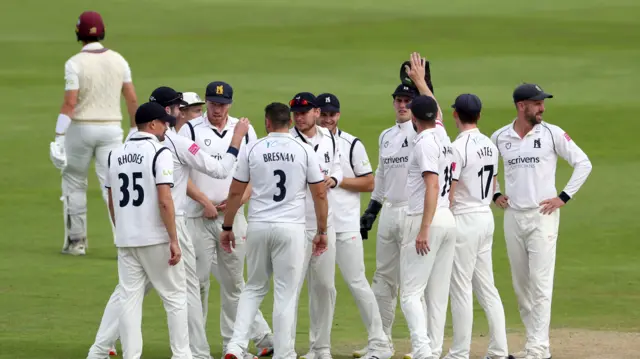 Bears celebrate another Somerset wicket at Edgbaston