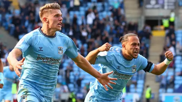 Viktor Gyokeres and Jodi Jones celebrate a goal for Coventry