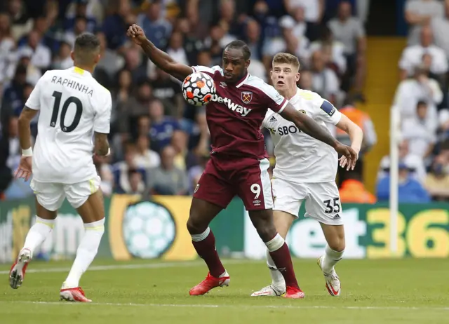 West Ham United's Michail Antonio in action with Leeds United's Charlie Cresswell