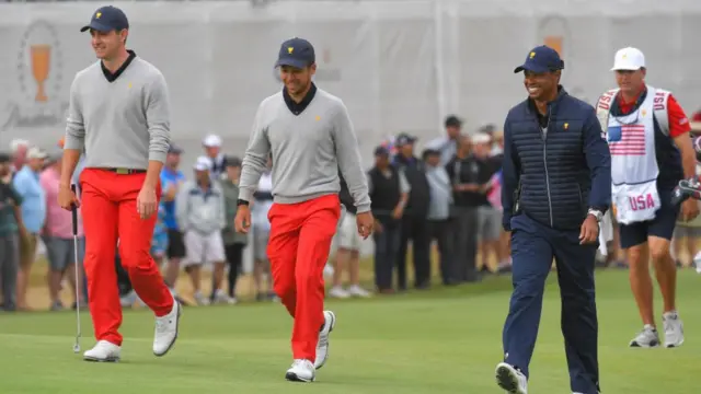 Tiger Woods (right) with Patrick Cantlay & Xander Schauffele