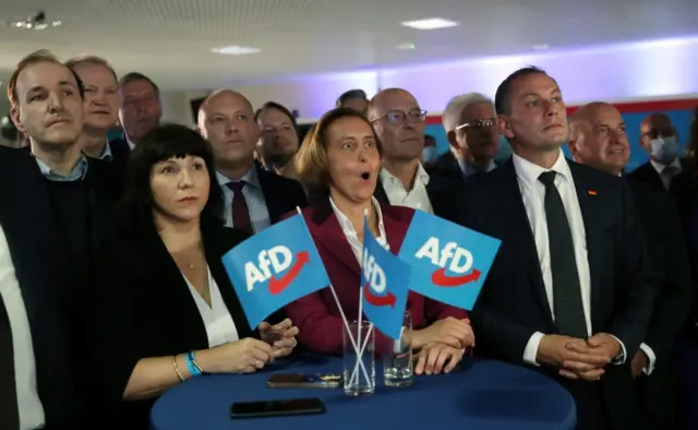 Alternative for Germany (AfD) right-wing political party co-chairman and top candidate for the upcoming federal elections, Tino Chrupalla (R) and deputy leader, Beatrix von Storch (2-R) during the Alternative for Germany (AfD) election event in Berlin, Germany, 26 September 2021.