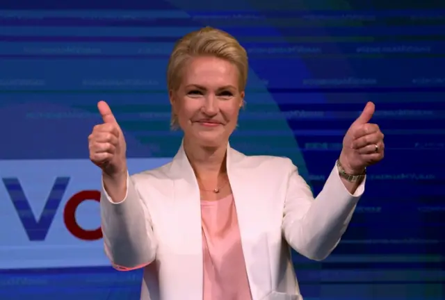 Manuela Schwesig gestures after first exit polls for the state elections in Schwerin, Germany, September 26, 2021.