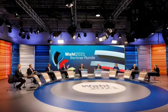 Televised discussion of the German parties' top candidates called "Berliner Runde" of ARD and ZDF stations in Berlin, Germany, 26 September 2021.