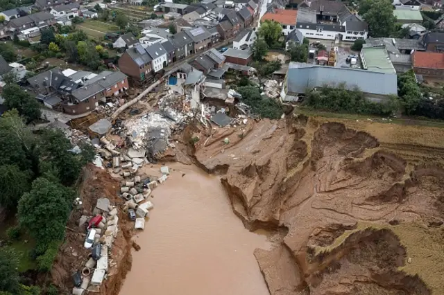 Aerial view shows an area completely destroyed by the floods in the Blessem district of Erftstadt