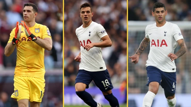 Aston Villa's Emiliano Martinez, Spurs' Giovani lo Celso and Cristian Romero