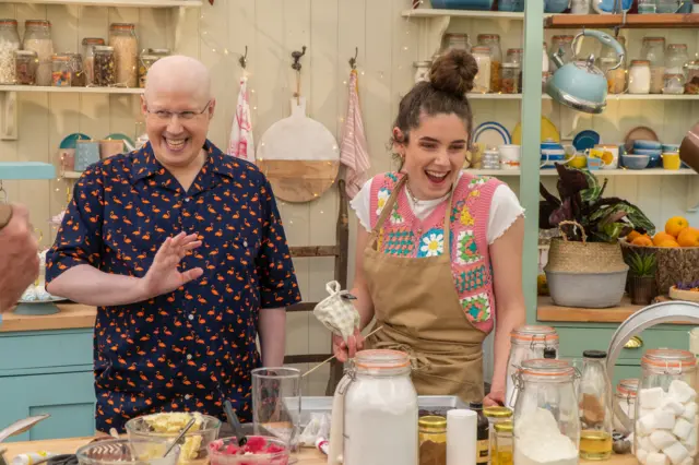 Freya with presenter Matt Lucas in the 'Great British Bake Off' tent