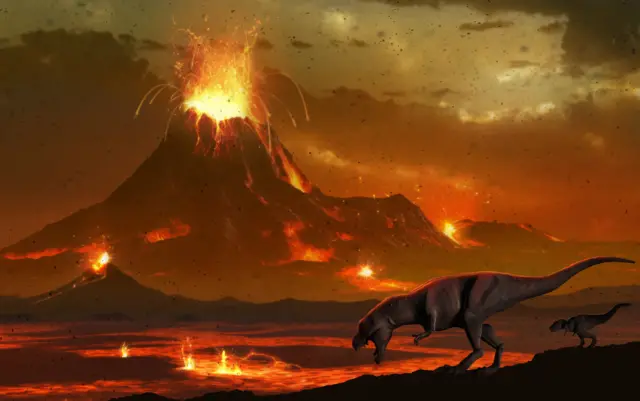 Stock illustration of dinosaurs in a volcanic landscape