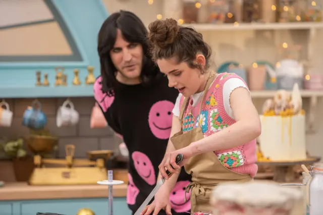 Freya with presenter Noel Fielding in the 'Great British Bake Off' tent