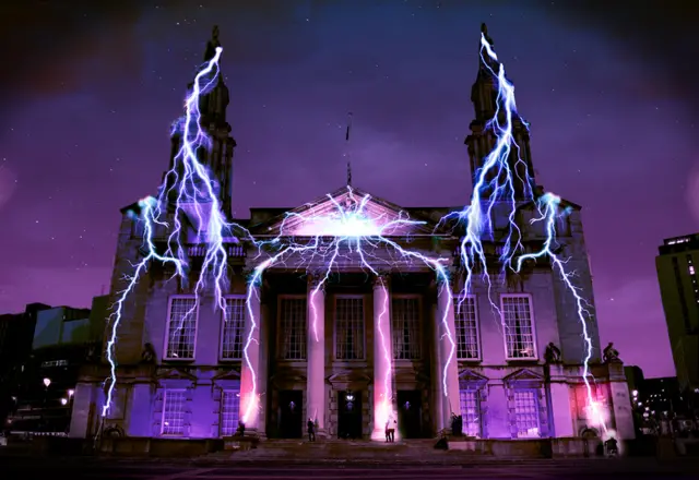 Illumination of lightning bolts projected on Leeds Civic Hall