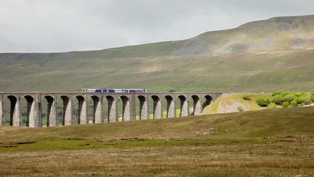 Train travelling across the Ribblehead viaduct