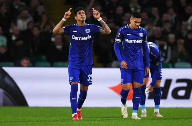 Piero Hincapie celebrates his goal for Leverkusen