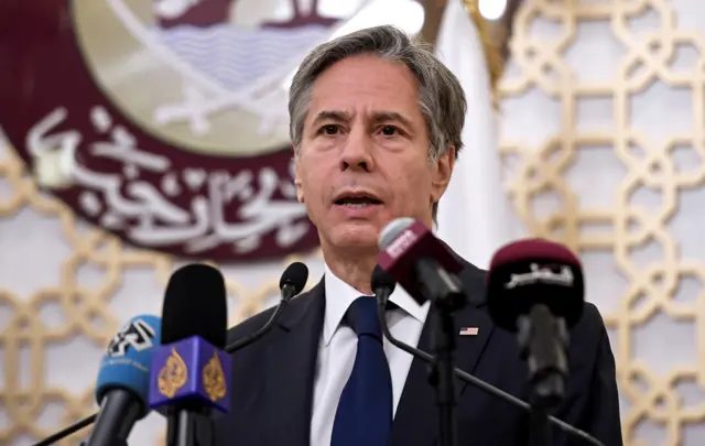 U.S. Secretary of State Antony Blinken speaks during a joint news conference at the Ministry of Foreign Affairs in Doha, Qatar