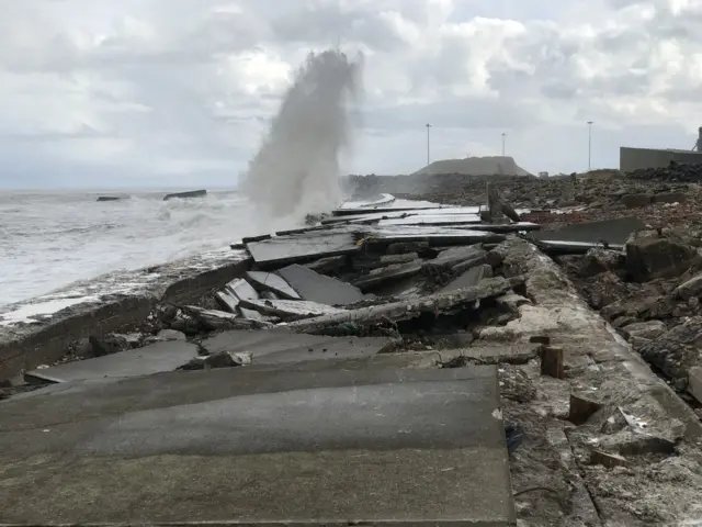 2018 storm damage at Stonehill Wall, Port of Sunderland