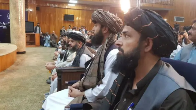 Taliban officials and press are seen at press conference on September 07, 2021