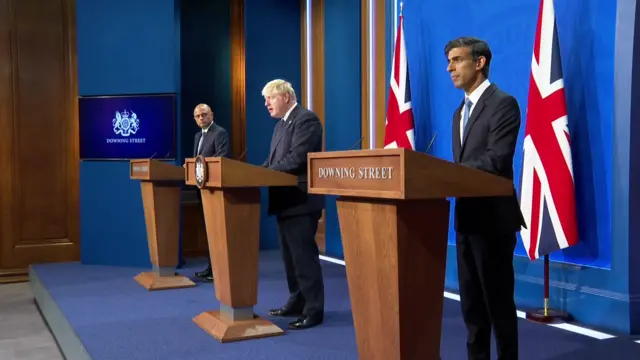 Boris Johnson is joined by Health Secretary Sajid Javid and Chancellor of the Exchequer Rishi Sunak