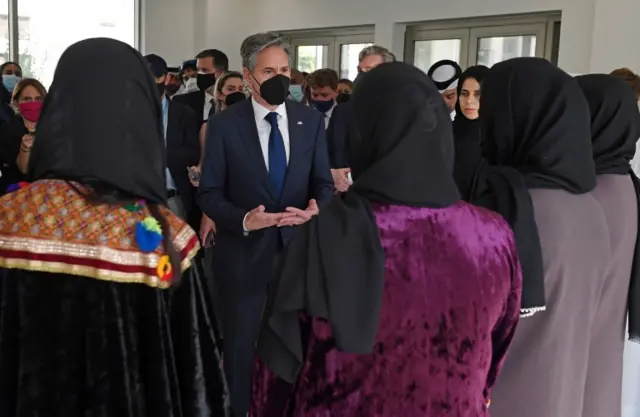 Antony Blinken meets with Afghan all-female robotics team members at Qatar's Education City Club House, in Doha, Qatar September 7, 2021.