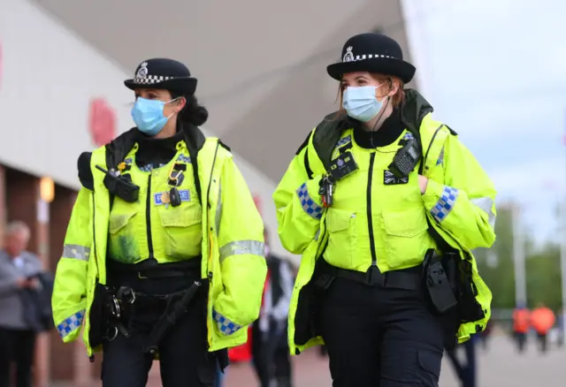 Two police officers on patrol at a Sunderland match at the Stadium of Light