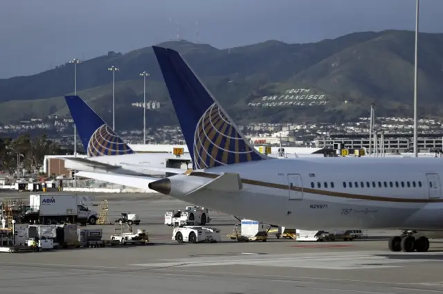 United Airlines passenger jets on the tarmac at the San Francisco International Airport, California, USA, on 24 December 2021