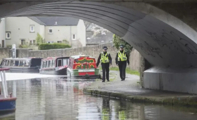 Officers walking along canal towpath