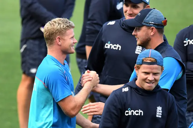 Sam Billings is congratulated by Stuart Broad