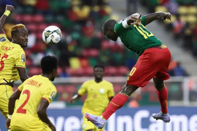 The second of Cameroon's three goals was this header from Cameroon's forward Vincent Aboubakar (R) heads the ball and scores his team's second goal during the Group A Africa Cup of Nations (CAN) 2021 football match between Cameroon and Ethiopia at Stade d'Olembé in Yaoundé on 13 January.