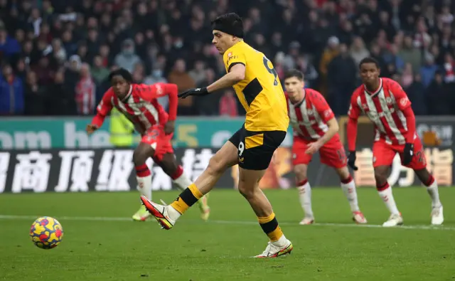 Raul Jiminez scores a goal for Wolves