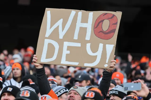 Bengals fan holding 'who dey' banner