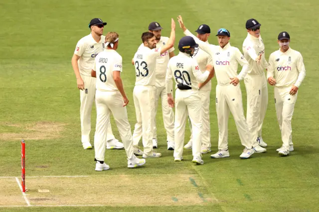 Mark Wood celebrates wicket