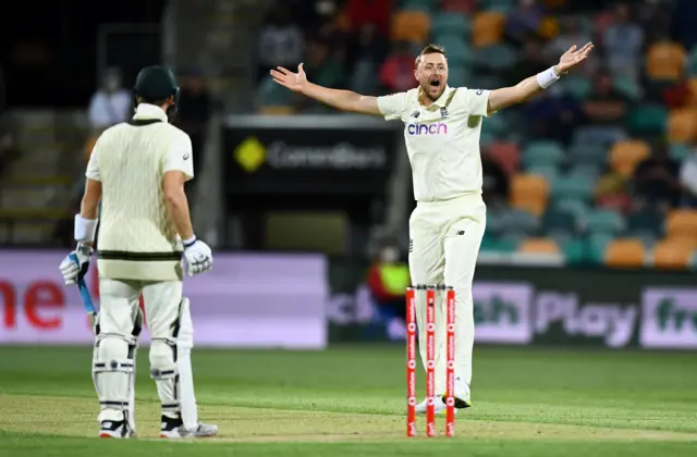 England's Ollie Robinson appeals for a wicket on day two of the fifth Ashes Test in Hobart