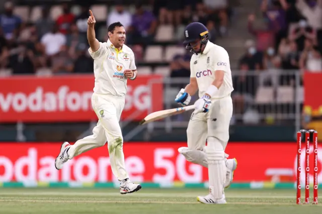 Scott Boland celebrates dismissing Ollie Pope of England in the Ashes at Hobart