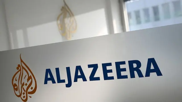 The Al Jazeera logo seen inside one of the broadcaster's offices.