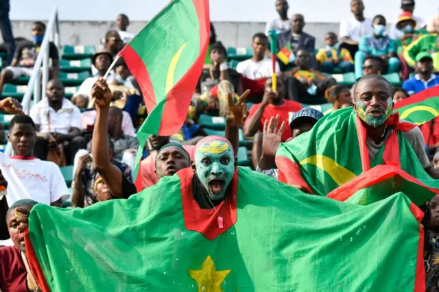 Mauritania's supporters cheer ahead of the Afcon match between Tunisia and Mauritania at Limbe Omnisport Stadium in Limbe, Cameroon, on 16 January.