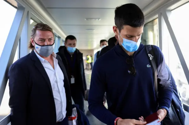 Novak Djokovic at the airport in Belgrade