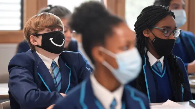 School children wearing face coverings