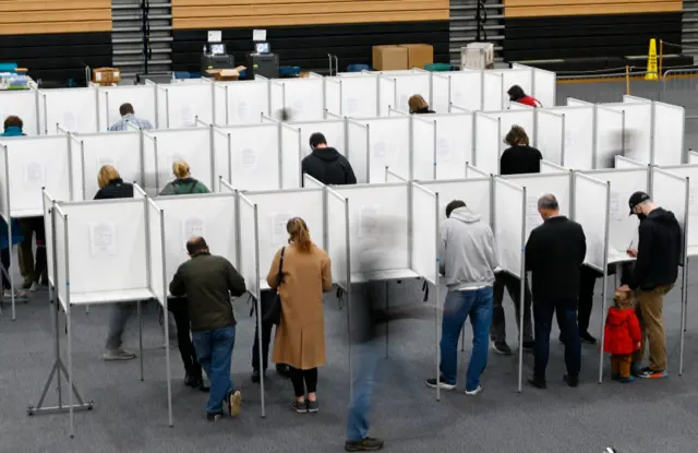 oters fill out their ballots in the voting booths at Scarborough High School Tuesday, November 2, 2021.